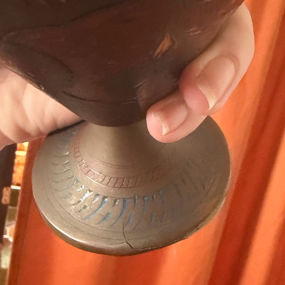 Vintage Indian Brass Vase Hand Etched Floral Design with Enamel, Patina, MCM - Picture 8 of 8